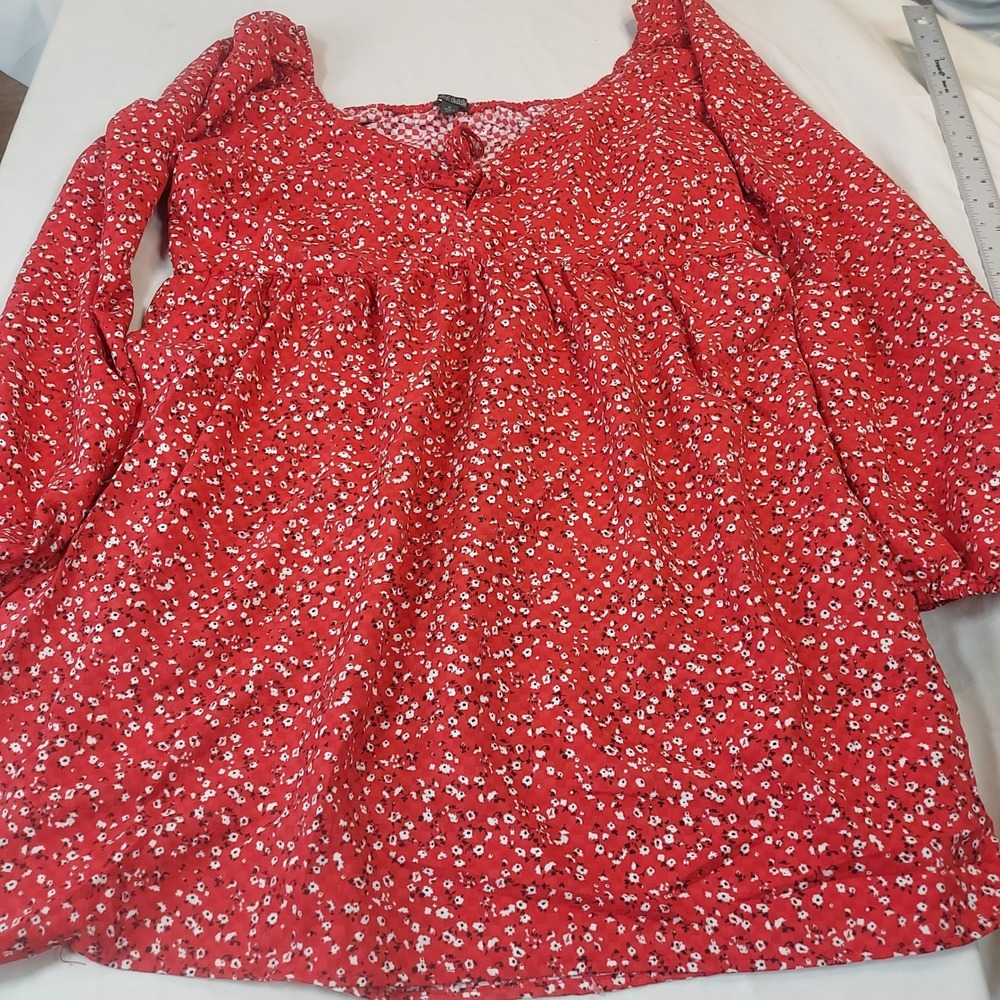 Wild Fable Womens XL Red Floral Square Neck Long Sleeve Empire‎ Waist Blouse Top